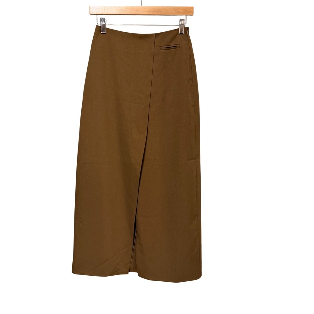 Commense Brown High Waisted Wrap Midi Skirt Front Slit XS 231021003‎
